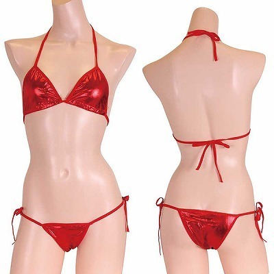 パキッとコントラストの効いたキラキラメタリックビキニ レッド